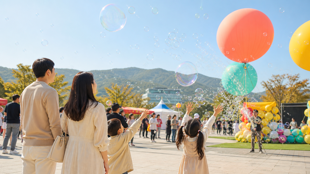 버블과 대형 풍선을 즐기는 가족문화축제의 아이와 가족들