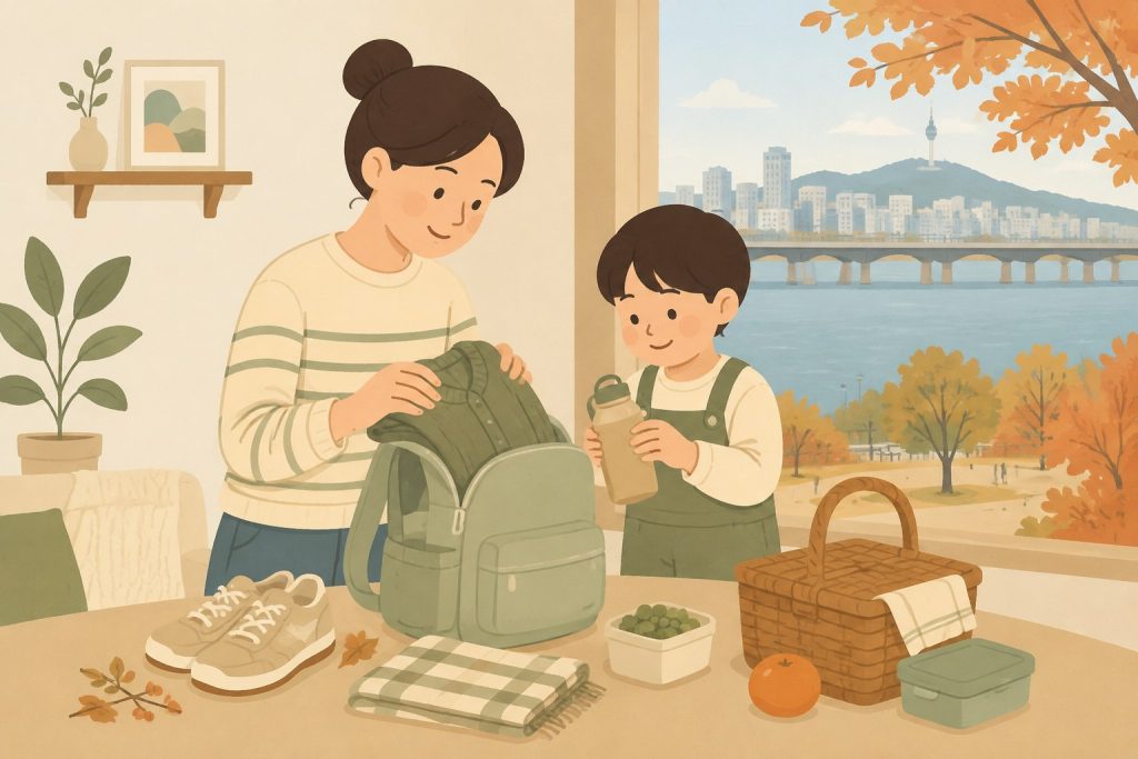 가을 강변 가족 나들이를 표현한 AI 일러스트